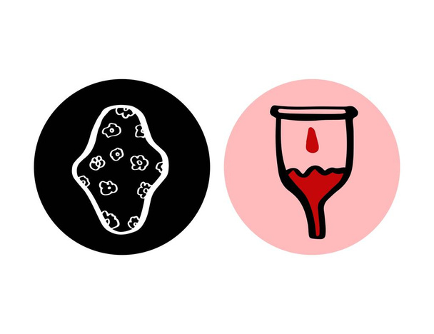 Válasszon párnát vagy menstruációs csészét. Újrahasznosítás. ikonok elszigetelt egy kört firka stílusban. Vektor - Vektor, kép