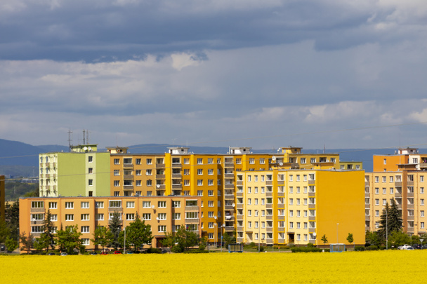 Miasto Zatec i pole rzepaku w północnych Czechach, Republika Czeska - Zdjęcie, obraz