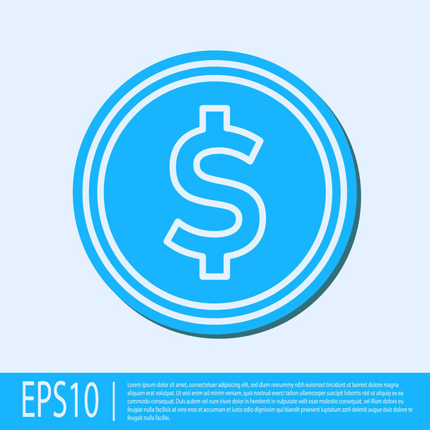 Línea azul Moneda dinero con símbolo de dólar icono aislado sobre fondo gris. Signo de moneda bancaria. Símbolo efectivo. Ilustración vectorial
 - Vector, imagen