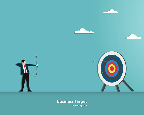 Businessman aiming target with bow and arrow - Vector, Image