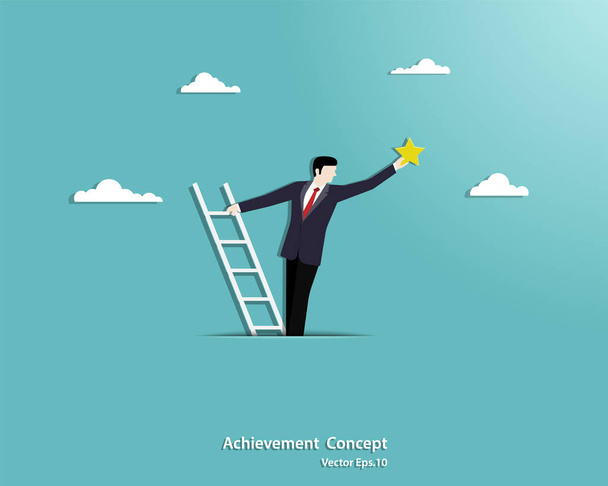 Businessman climbing a stair ladder on the clouds and reaching f - Vector, Image