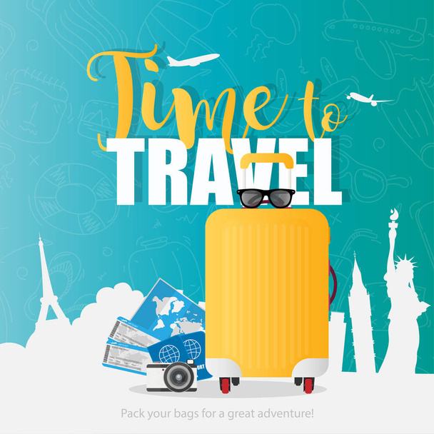 Čas cestovat vektorovým praporem. Žlutý kufr, lístky, pasy, brýle, foťák. Barevný transparent pro turistiku a cestovní reklamu. - Vektor, obrázek