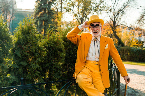 Happy elderly gentleman with a hat in a park - Zdjęcie, obraz
