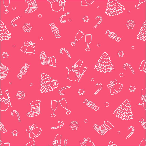 The Christmas icons on a pink background. Glasses, gifts, mouse, snowflakes, Christmas tree. Seamless pattern. - ベクター画像
