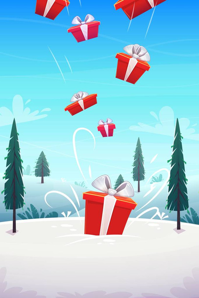 red boxes gifts pour in fall from the sky b background winter sn - Vector, Image