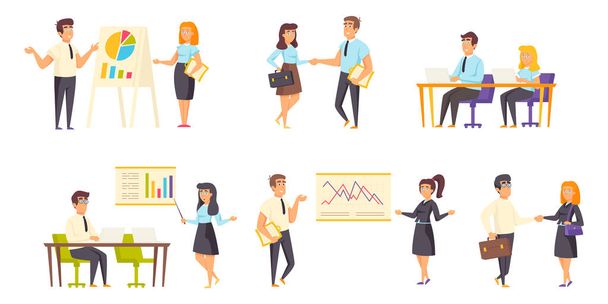 Business meeting flat vector illustrations set. Project discussion, negotiations, conference scenes bundle. Businessmen and businesswomen, office workers, managers cartoon characters collection - Vector, Image