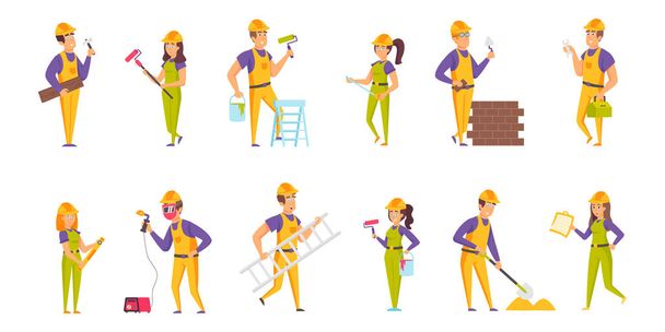 Builders flat vector illustrations set. Welding, wall putty and painting scenes bundle. Male and female constructors, people in helmets and uniform, foremen cartoon characters collection - Vector, Image