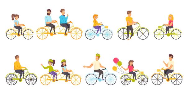 Bicyclists flat vector illustrations set. Sport activity, recreation, active leisure scenes bundle. People riding bikes, cyclists cartoon characters collection isolated on white background - Vector, Image