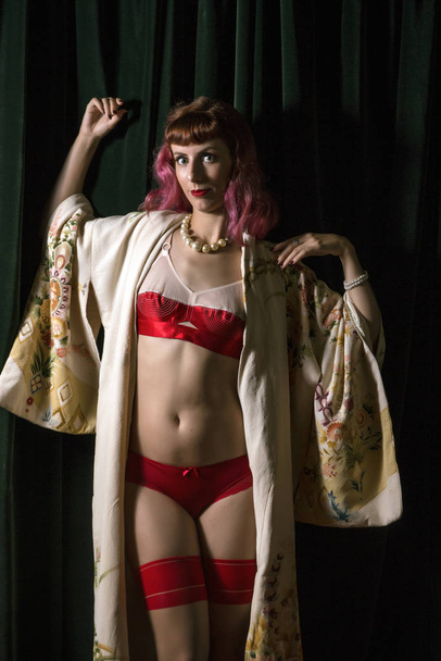 Girl with red vintage lingerie - Fotografie, Obrázek