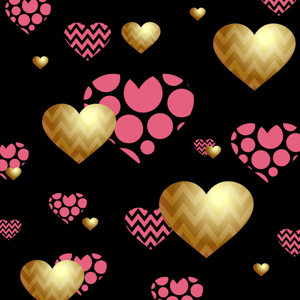 Beautiful banner with gold and pink hearts on a black background. Valentines Day. Vector illustration - Vector, Image