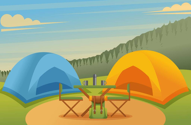 Camping in the forest, tents and a table with chairs in a beautiful meadow. Vector illustration - Vektori, kuva