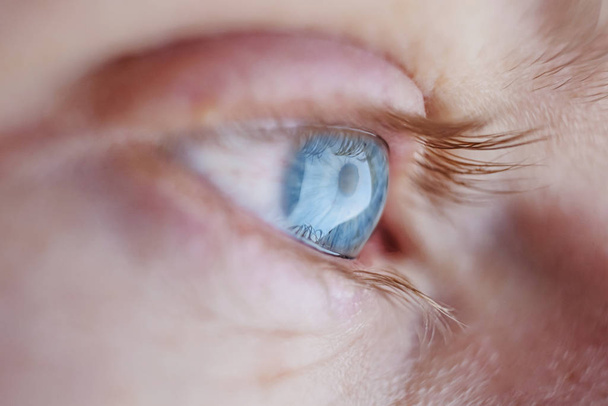 Oog close-up in profiel, macro foto. De iris is grijs-blauw. Kopieerruimte. Het concept van oogheelkunde, pigmentatie van de iris. Het oog kijkt naar het verlichte onderwerp. - Foto, afbeelding