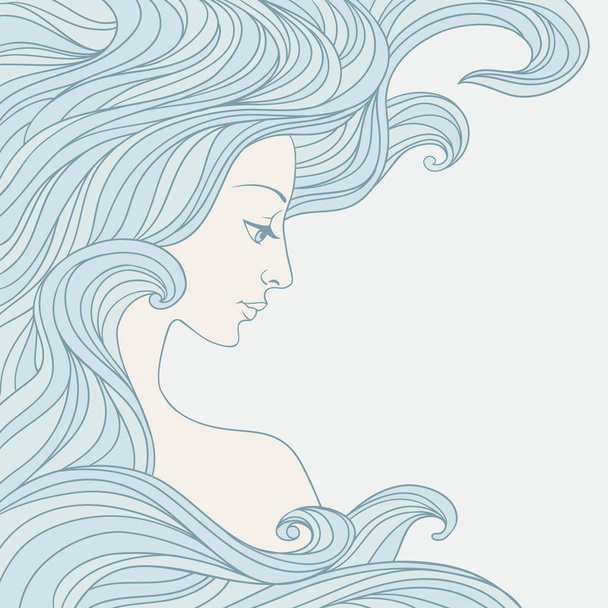 Girl in profile with long wavy hair. - Vector, afbeelding