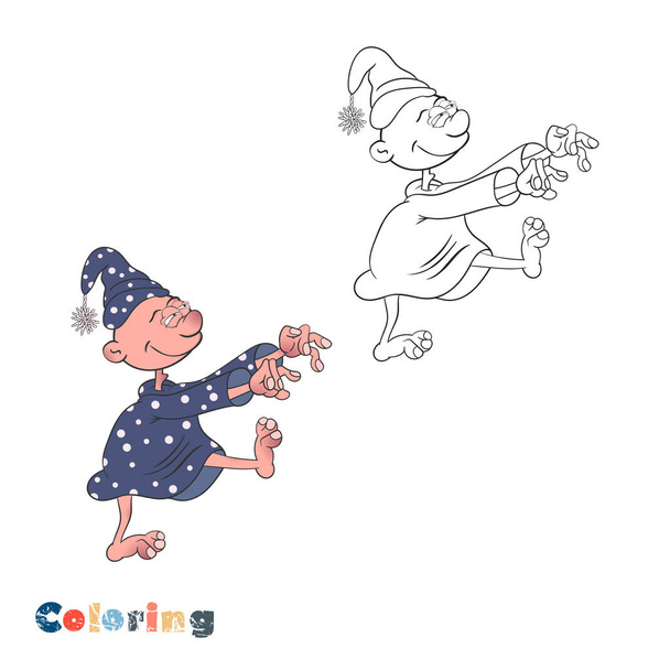 Personaje de dibujos animados que sufre de sonambulismo camina en un sueño. Ilustración vectorial para colorear con ilustración a color
. - Vector, Imagen