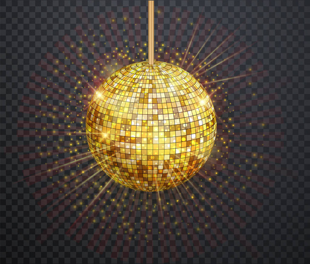 Vektorové ilustrace zlaté Disco koule s paprsky světla izolované na průhledném pozadí. - Vektor, obrázek