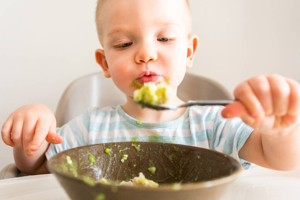 Little boy alone eats puree from a plate. - Φωτογραφία, εικόνα
