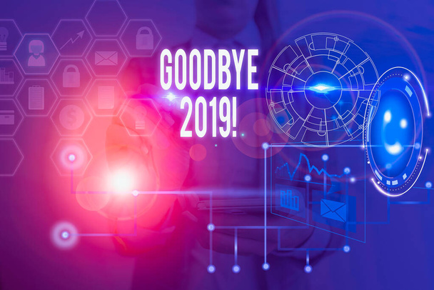 Word írás szöveg Good Bye 2019. Üzleti fotó bemutató jókívánságait fejezi ki, amikor elválás vagy a végén a tavalyi kép fotó rendszer hálózati rendszer modern technológia intelligens eszköz - Fotó, kép