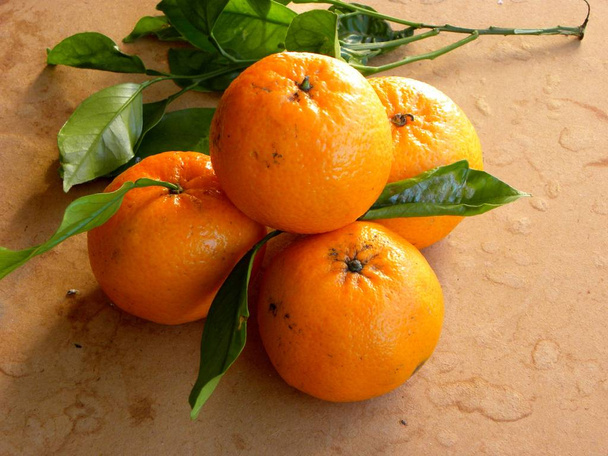 mandarin levelekkel az asztalon - Fotó, kép