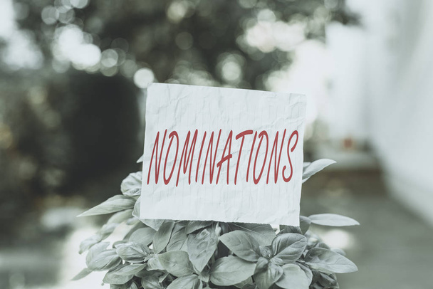 Conceptual hand writing showing Nominations. Concept meaning action of nominating or state being nominated for prize Plain paper attached to stick and placed in the grassy land - Photo, Image