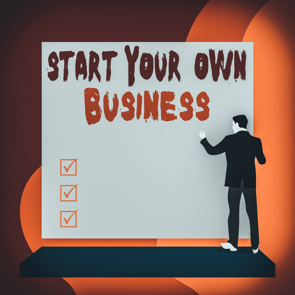 Conceptual hand writing showing Start Your Own Business. Concept meaning Entrepreneurial Venture a Startup Enter into Trade Back view young woman watching blank big rectangle - Photo, Image