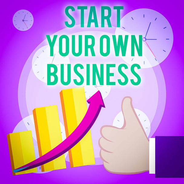 ［自分のビジネスを開始する］を示すメモを書く。起業家ベンチャーのためのビジネスコンセプトは、良好なパフォーマンスのエスカレーションバーグラフ上昇矢印を親指に貿易に入る - 写真・画像