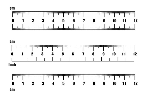 Дюймові та метричні лінійки. Індикатор вимірювання шкали сантиметрів і дюймів. Точність вимірювання сантиметрів знаряддя інструменти лінійки вимірювання розміру
 - Вектор, зображення