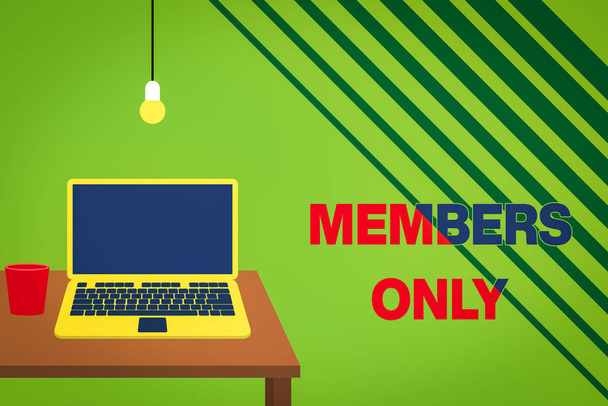 Text sign showing Members Only. Business photo showcasing Limited to an individual belongs to a group or an organization Front view open laptop lying on wooden desktop light bulb falling glass - Photo, Image