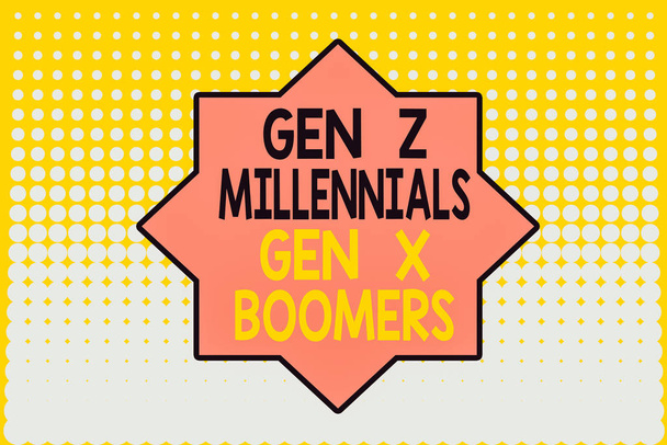 Nota de escritura que muestra Gen Z Millennials Gen X Boomers. Concepto de negocio para diferencias generacionales Old Young mostrando puntos de fuga de diseño de fondo medio. Patrón de gradiente. Futurista
 - Foto, Imagen