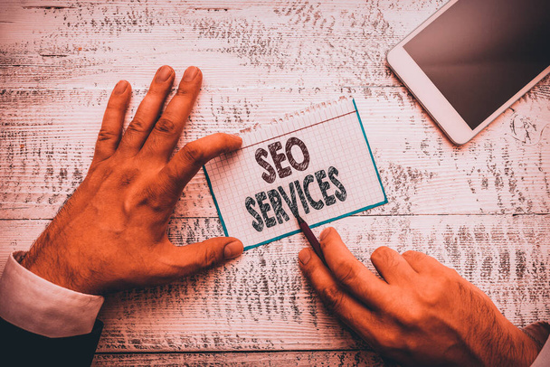 Word writing text Seo Services. Business photo showcasing suite of techniques and procedures to surge website visibility - Фото, зображення