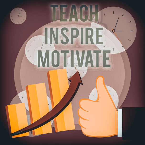 Γραπτό σημείωμα που δείχνει Teach Inspire Motivate. Επιχειρηματική ιδέα για να πυροδοτήσει τη φαντασία για να αισθανθείτε την ανάγκη να μάθετε αντίχειρα επάνω την επιτυχία καλής απόδοσης κλιμάκωση ραβδόγραμμα - Φωτογραφία, εικόνα