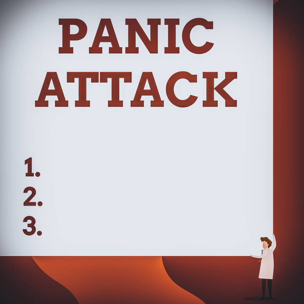 Writing note showing Panic Attack. Business concept for sudden periods of intense fear that may include palpitations One man professor wear white coat red tie hold big board use two hands - Photo, Image