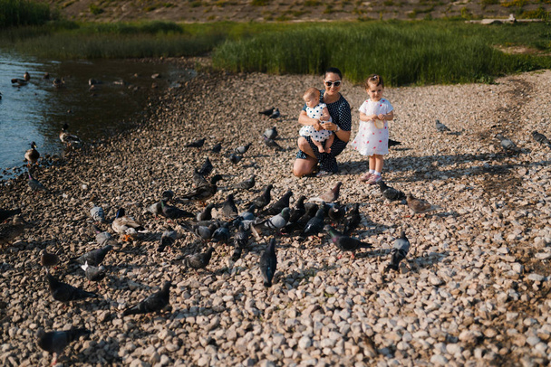 Jonge moeder met haar baby meisje dochters voeden zwaan en kleine eendjes vogels brood op een rivier dragen gestippelde jurk-familie waarden warme kleur zomer scène - Foto, afbeelding