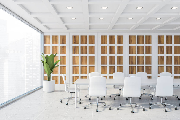 Salle de réunion panoramique en bois et blanc
 - Photo, image
