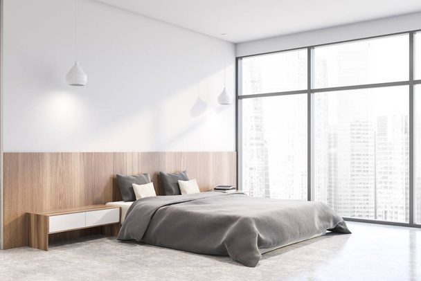 White master bedroom corner with cityscape - Фото, изображение