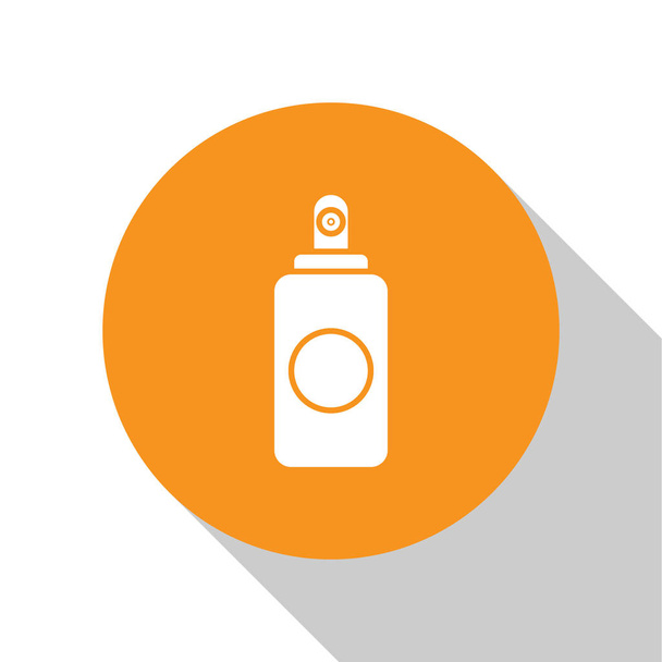 weiße Spraydose für Lufterfrischer, Haarspray, Deo, Schweißschutzsymbol isoliert auf weißem Hintergrund. orange Kreis-Taste. Vektorillustration - Vektor, Bild