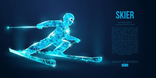 abstrakte Silhouette eines Skifahrers, der von Partikeln auf blauem Hintergrund springt. Alle Elemente auf einer separaten Ebenenfarbe können zu beliebigen anderen geändert werden. Low-Poly-Neon-Draht Umriss geometrisch. Vektorski - Vektor, Bild