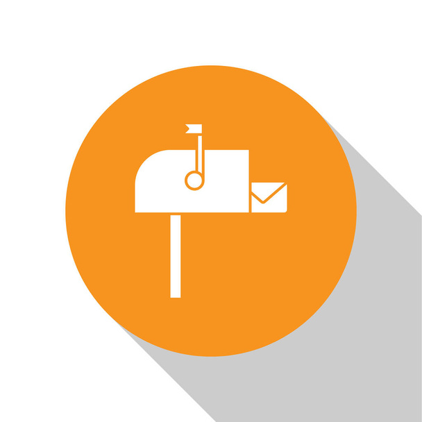 Біла поштова скринька ізольована на білому тлі. Ікона Mailbox. Поштова скринька на полюсі з прапором. Кнопка помаранчевого кола. Векторний приклад - Вектор, зображення