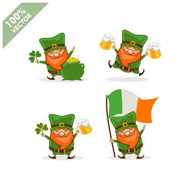 St. Patrick 's Day. Lustiger Kobold mit vier verschiedenen Posen Aktivität. Vektor Illustration Karikatur isolierte Silhouette - Vektor, Bild