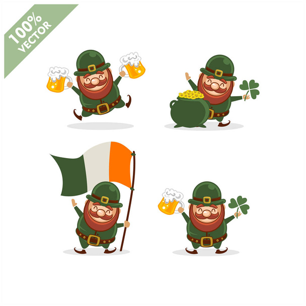 Saint Patrick's Day. Funny Leprechaun with four different poses activity. Vector illustration cartoon isolated silhouette - Vector, Image
