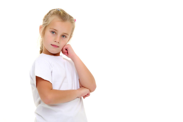 Little girl with a white t-shirt for advertising. - Foto, Imagem