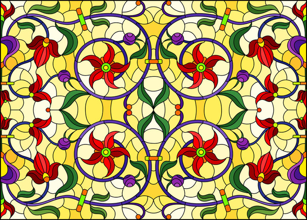 Illustration in stained glass style with abstract  swirls,red flowers and leaves  on a yellow background,horizontal orientation - Vector, Image
