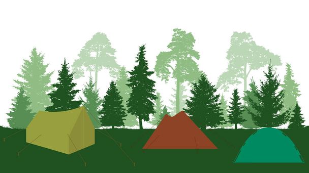 Çadır ve orman siluetleri (köknar ağaçları ve çam ağaçları), kamp.  - Vektör, Görsel