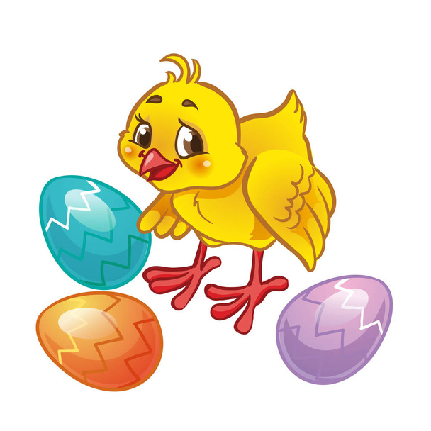 Cute chick with Easter painted eggs. Spring vector illustration. Isolated on white background. Easter egg hunt poster. - ベクター画像