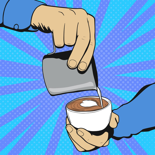Barista pidä kuppi ja tehdä latte tai cappuccino taidetta kahvia
 - Vektori, kuva