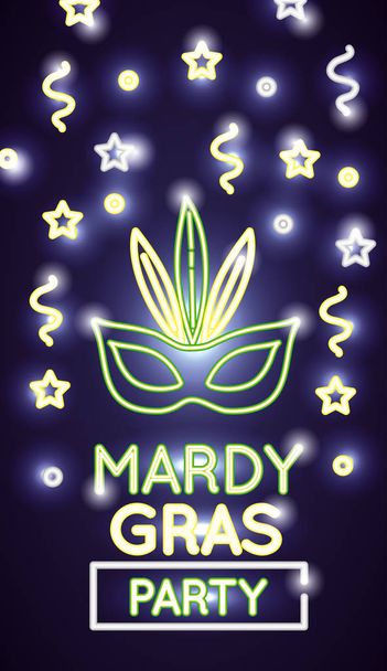 mardi grass ετικέτα με νέον φώτα μάσκα - Διάνυσμα, εικόνα