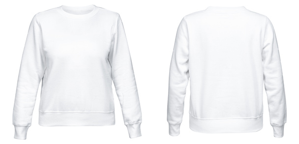 White female sweatshirt with long sleeve mockup for your design isolated on white background. Template pullover front and back side view - Photo, Image
