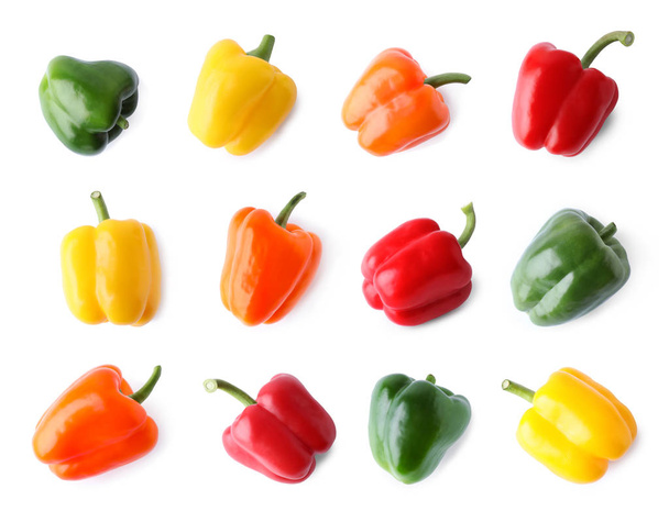 Set of different ripe bell peppers on white background - Foto, afbeelding