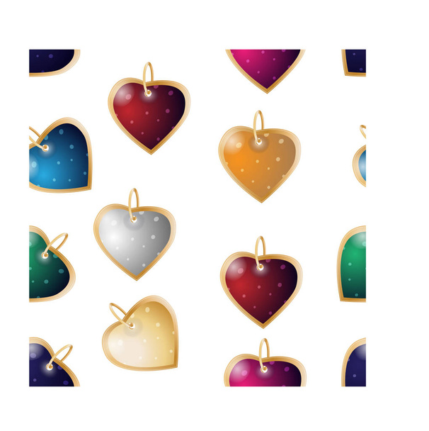 Valentines seamless background. Colorful heart pendants on a white background - Вектор, зображення