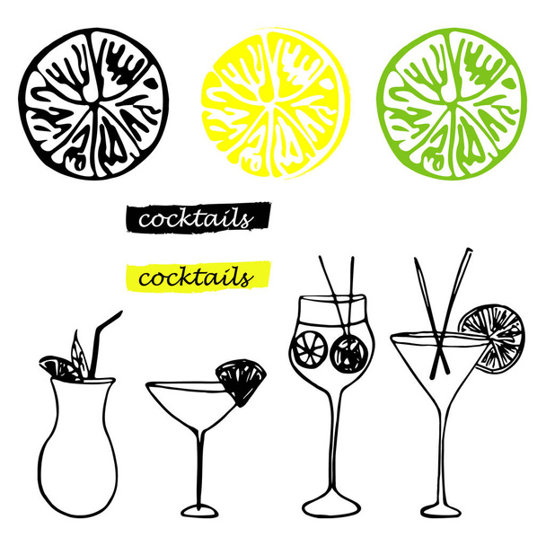 Set of hand drawn cocktails and citrus slices. Doodle vector illustration. - Vector, Image