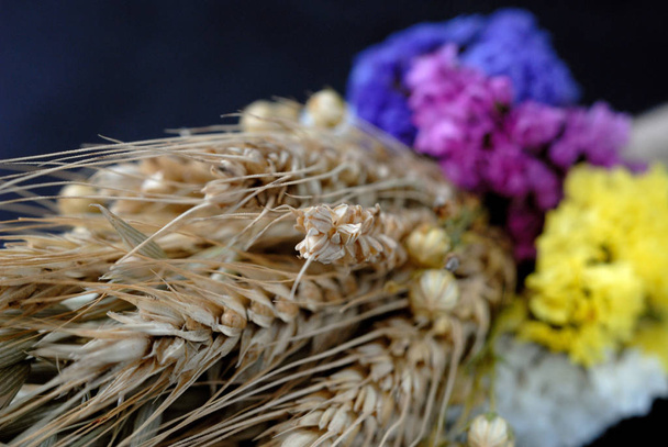 Μπουκέτο με αποξηραμένα λουλούδια και αυτιά σιταριού - Φωτογραφία, εικόνα